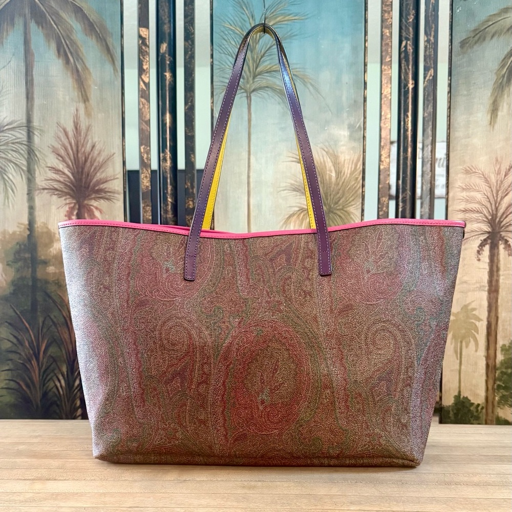 Etro Brown Paisley Multicolored Neon Leather Trimmed Tote Bag